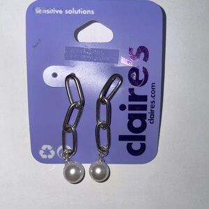 Claire's Gold and White Pearl Chain Link Elegant Drop Earrings